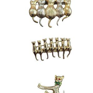 Golden Cat-Themed Vintage Brooch Trio Retro Kitty Style Pins Detailed Cat